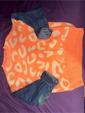 ADORA Orange Leopard-Print Crewneck Sweater with Denim Sleeve Accents